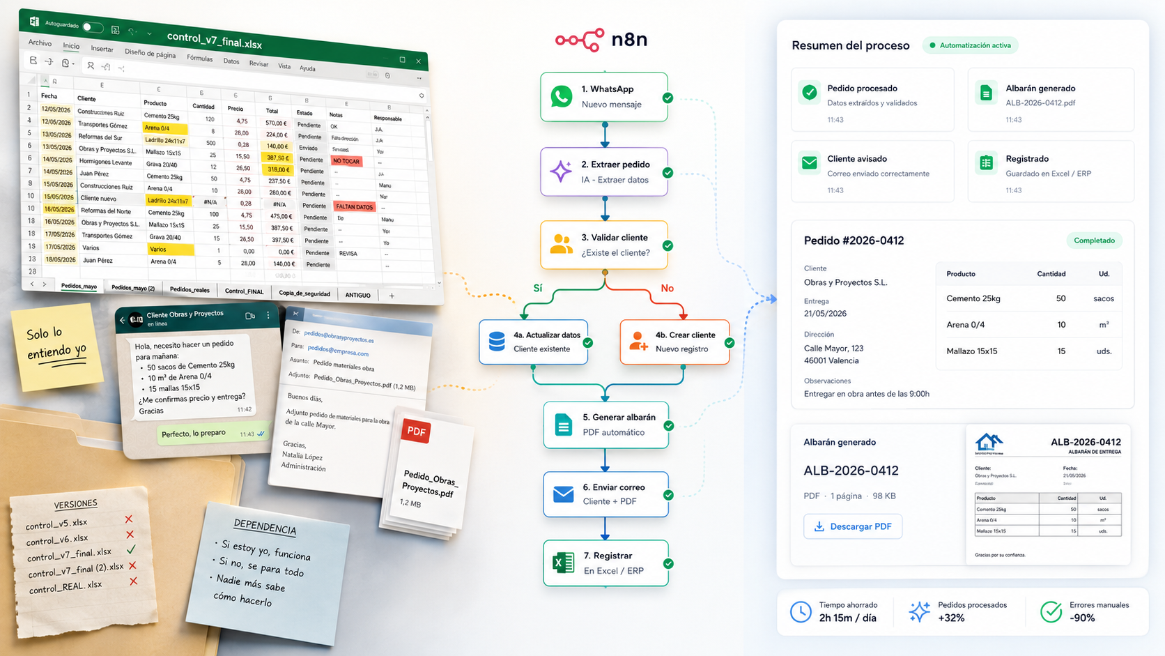 Automatización de un proceso de empresa desde Excel y WhatsApp mediante un flujo n8n hasta un pedido procesado