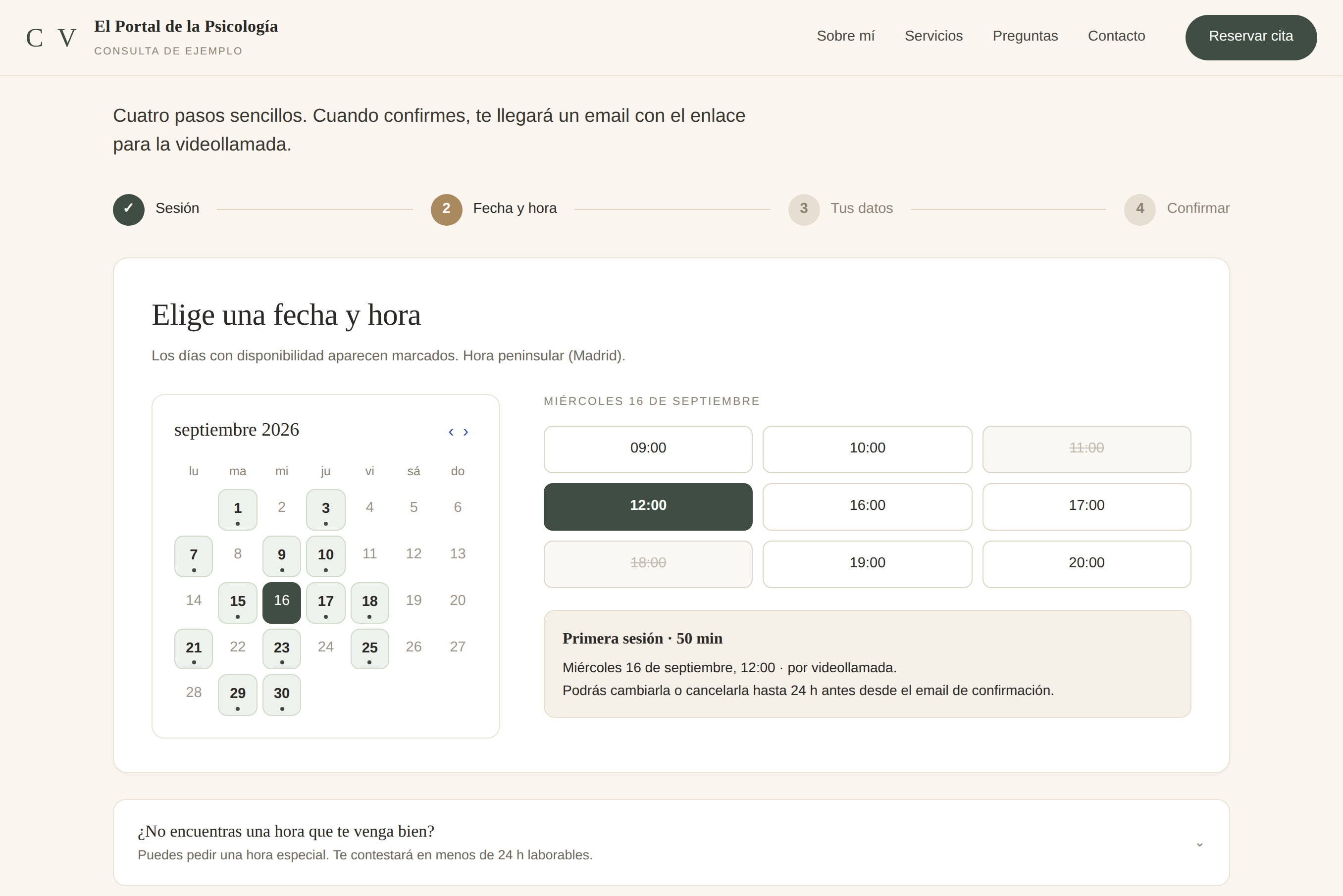Pantalla de reserva de cita: calendario con los días disponibles marcados y las horas libres del día elegido.