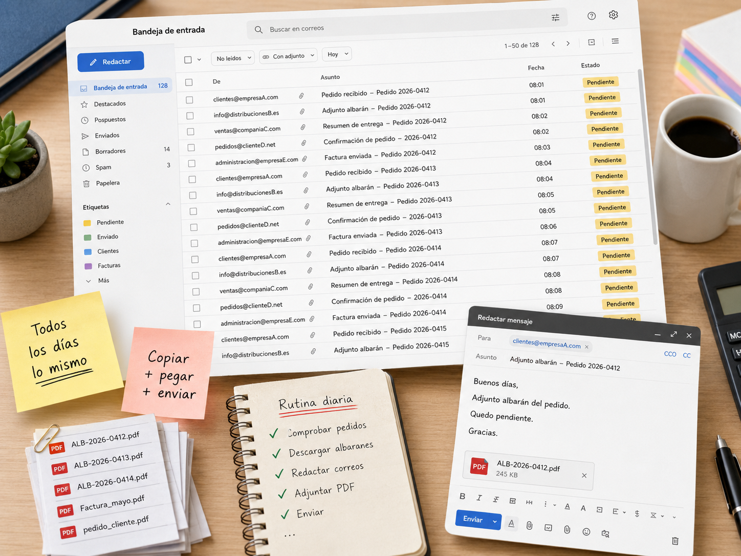 Bandeja de correo con tareas repetitivas y envío manual de documentos