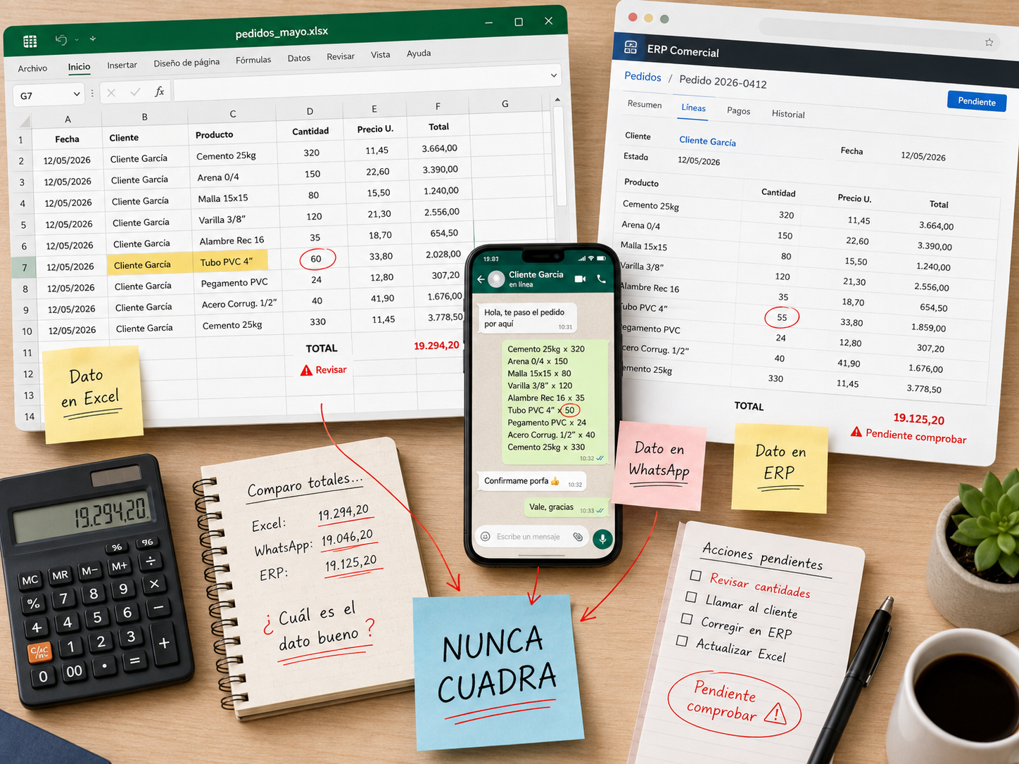 Comparación manual de datos distintos entre Excel, WhatsApp y ERP