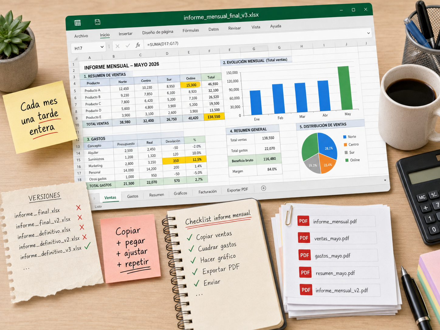 Preparación manual de un informe mensual utilizando Excel y varios PDF